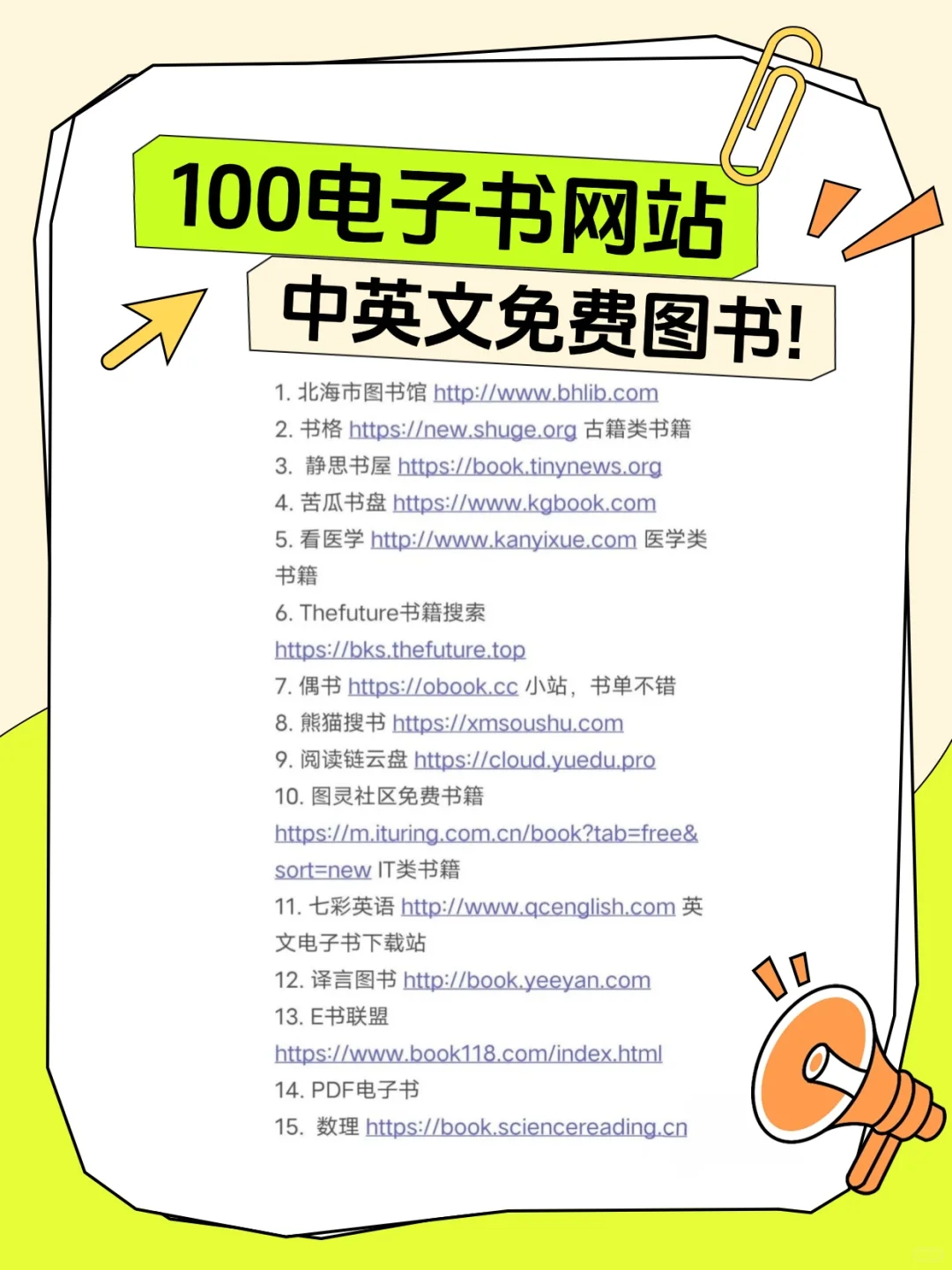 100个电子书网站，中英文免费图书！