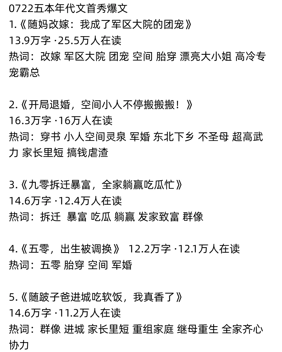 年代文写就对了！近期首秀五本爆文及热词