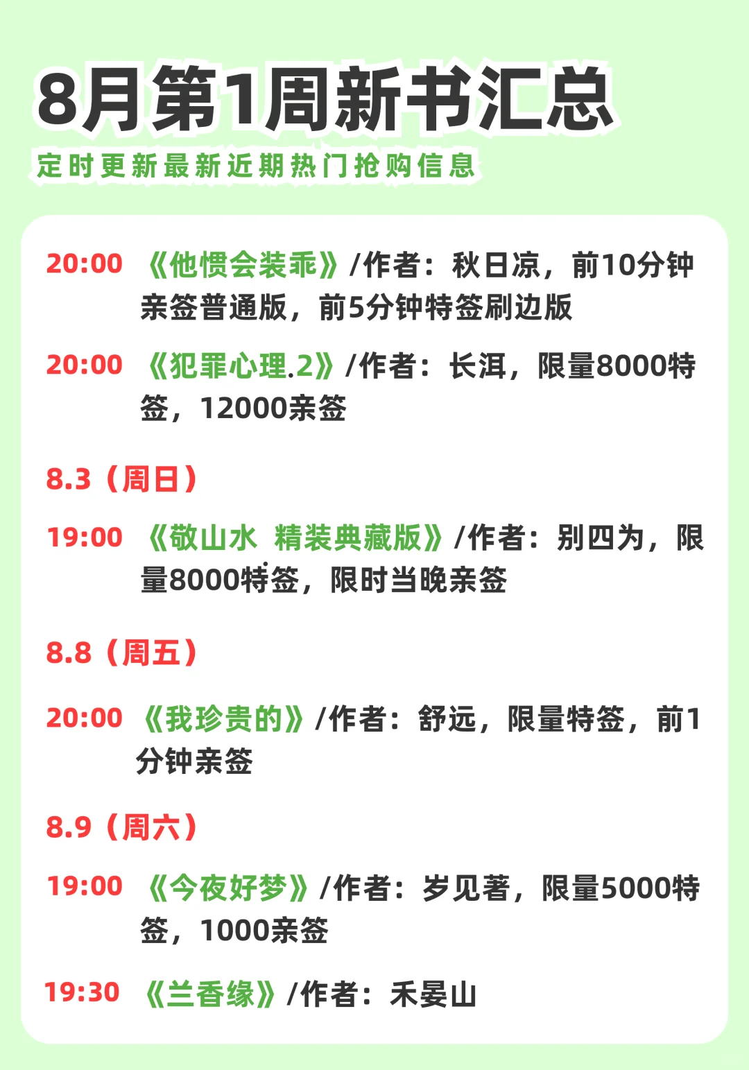 2025年8月第一周实体小说汇总～