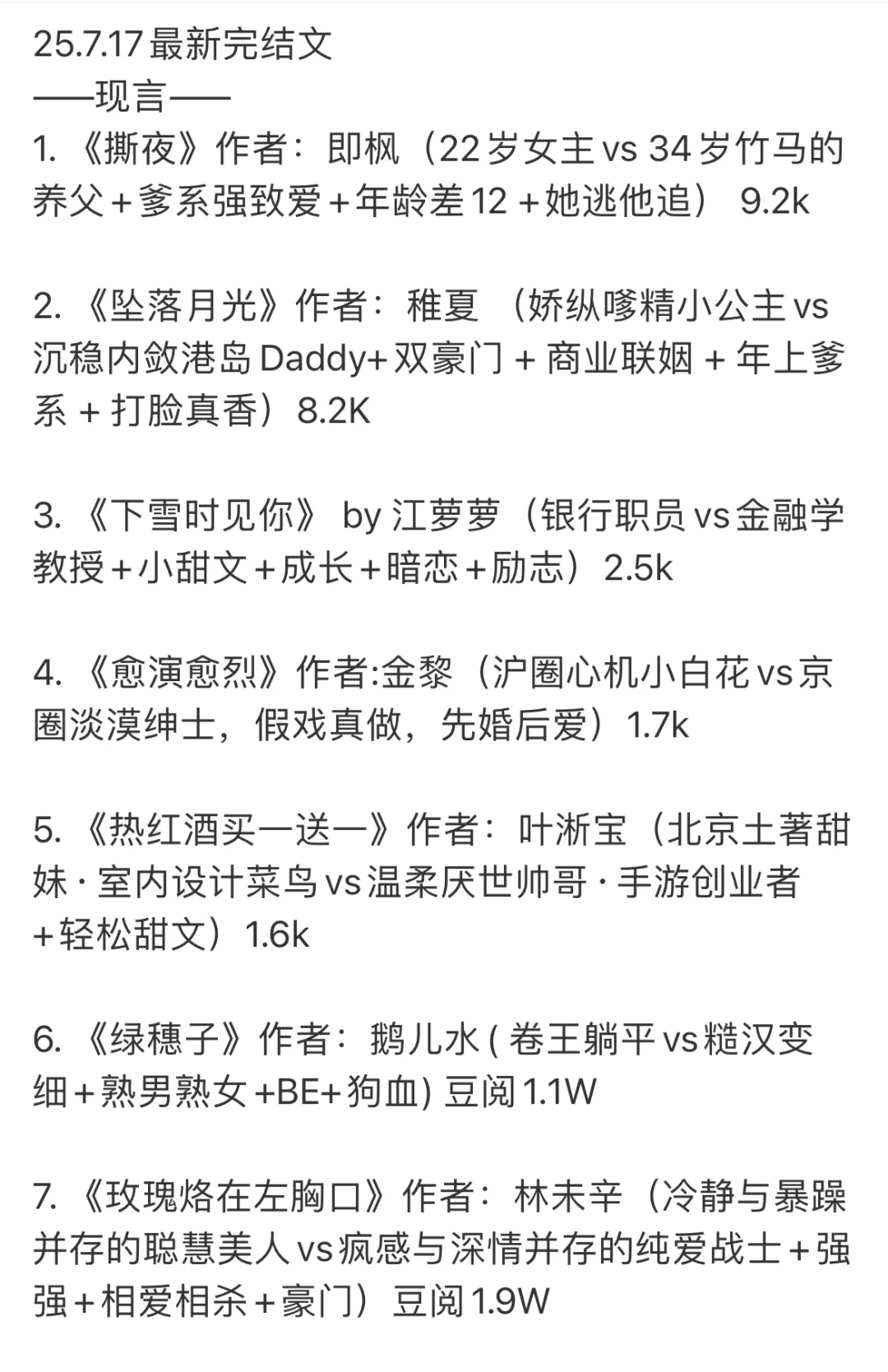 📚 2025.07.17 新完结小说清单｜文荒速码！