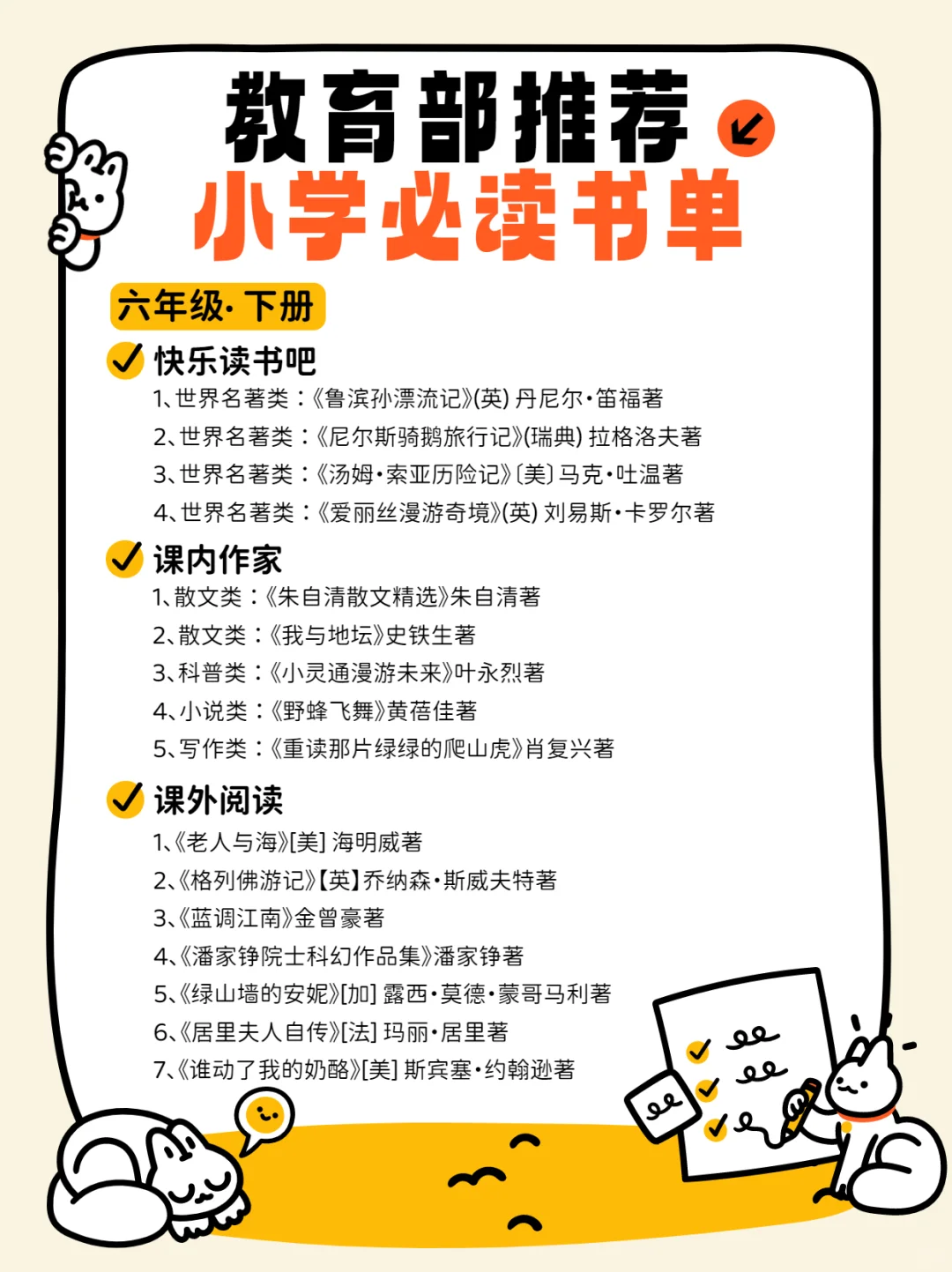 🔥教育部推荐小学1-6年级必读经典书单！