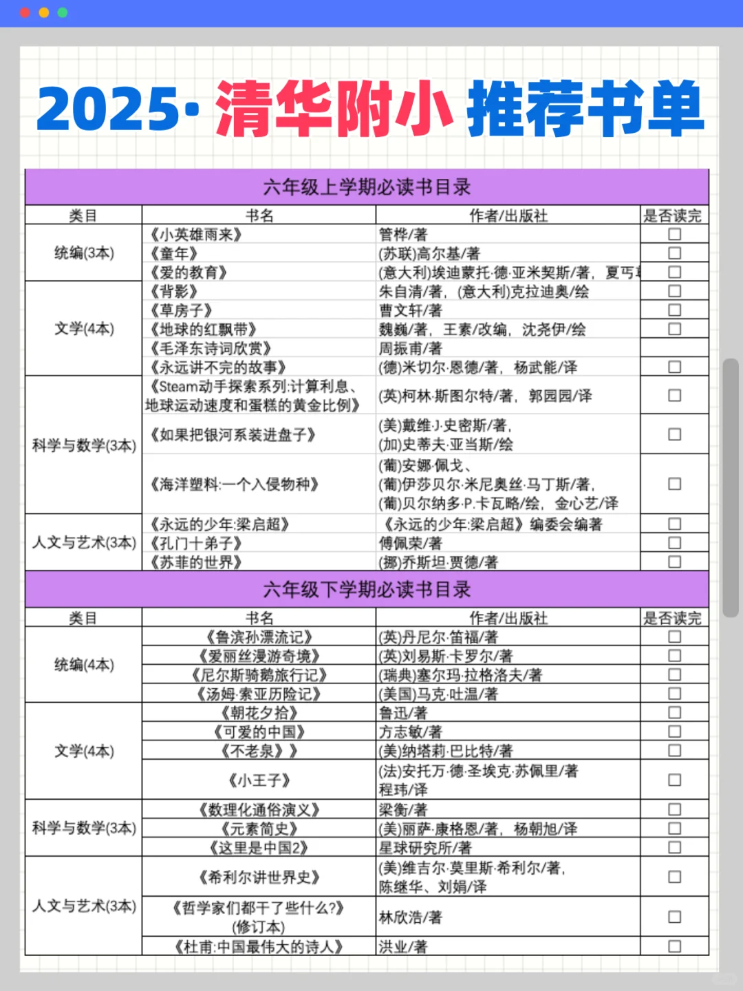 📚清华附小最新必读书单，快来抄作业！