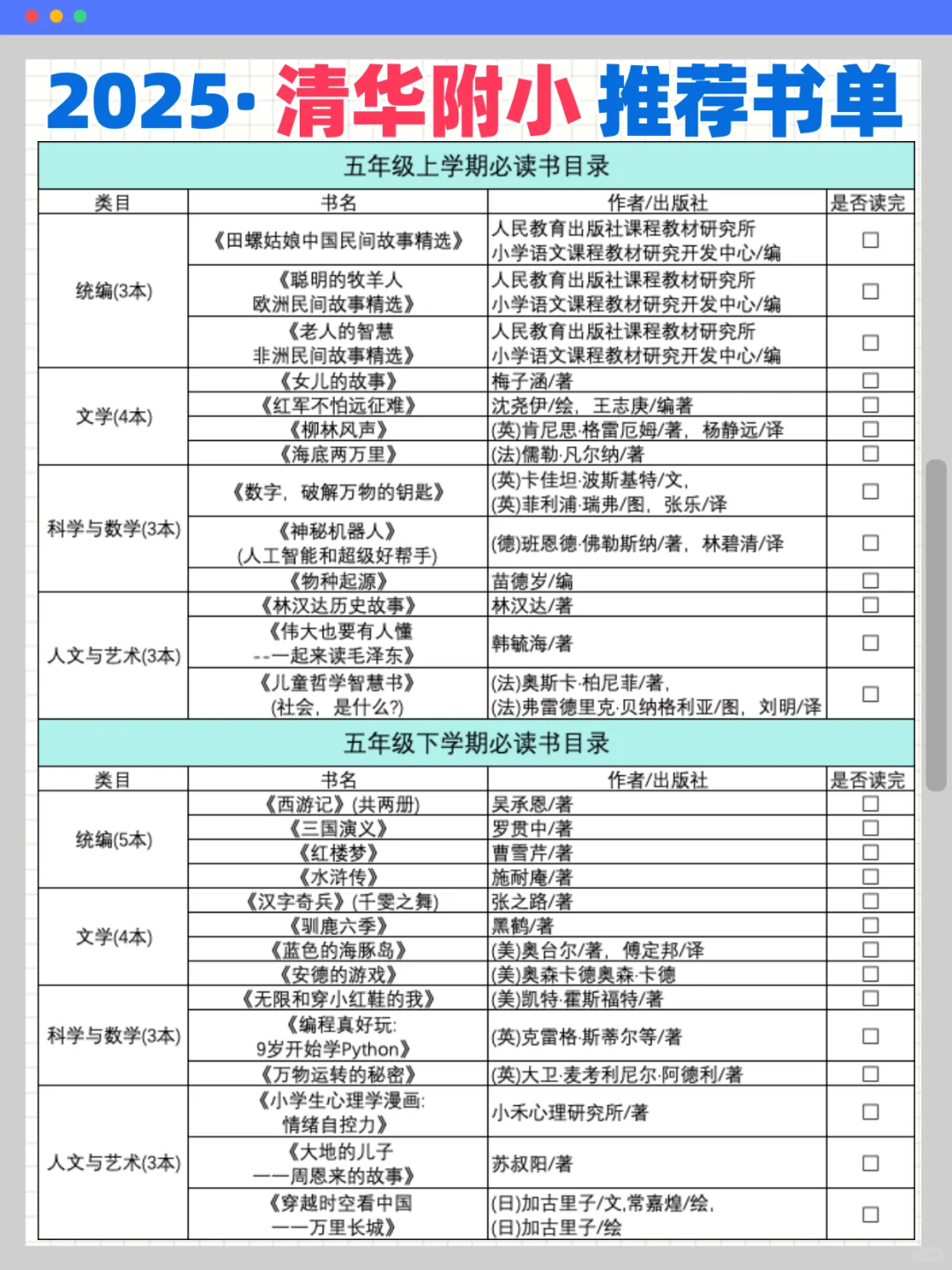 📚清华附小最新必读书单，快来抄作业！
