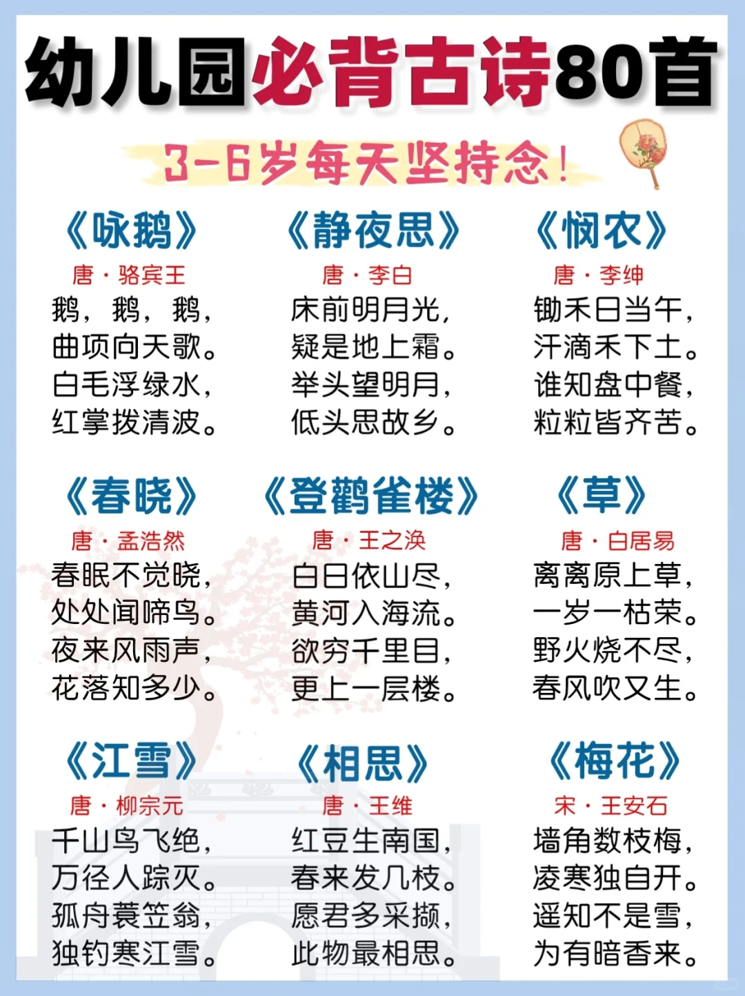 80首经典古诗‼️幼儿园必背国学启蒙
