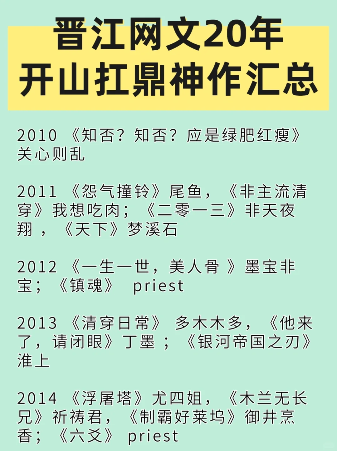 晋江女频网文二十年神作（2003-2022年）