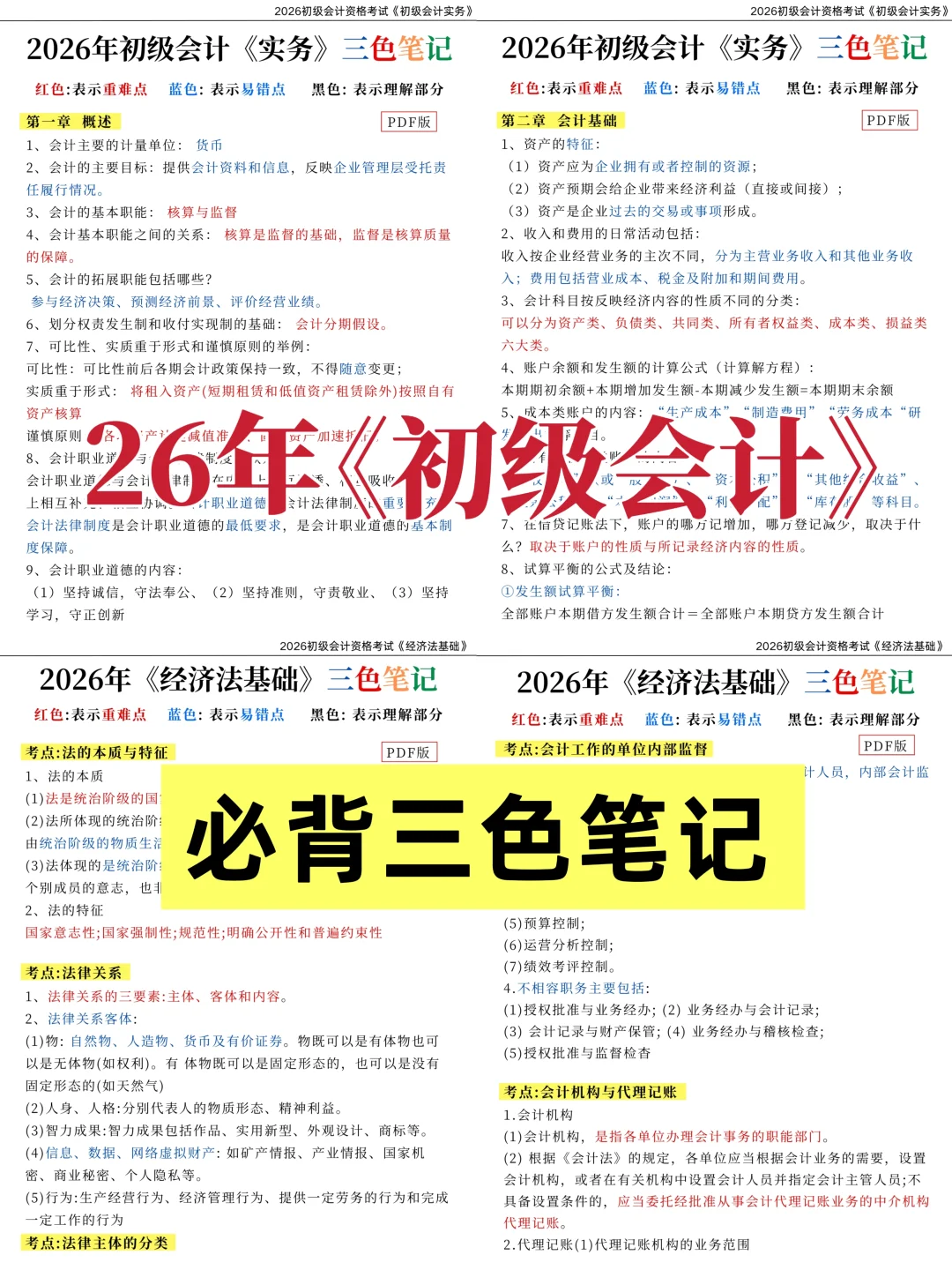 就50页！26初级会计三色笔记，打印直接背！