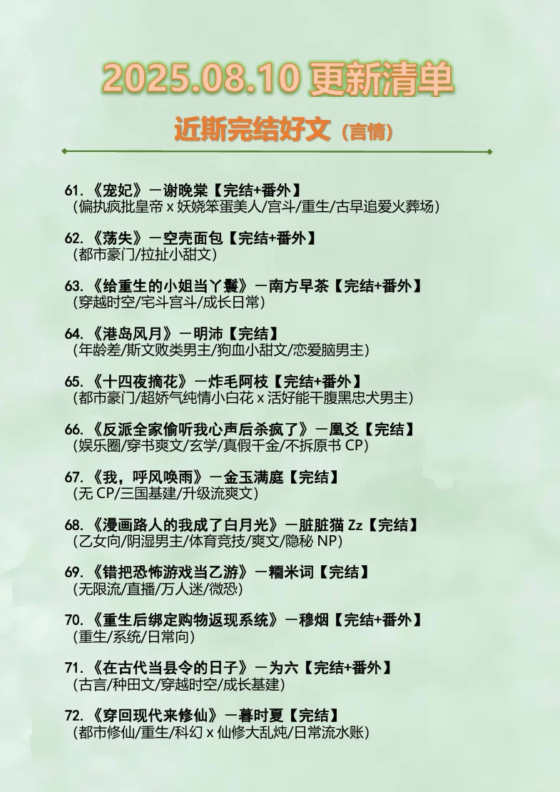 2025.08.10最新完结小说（言情篇）