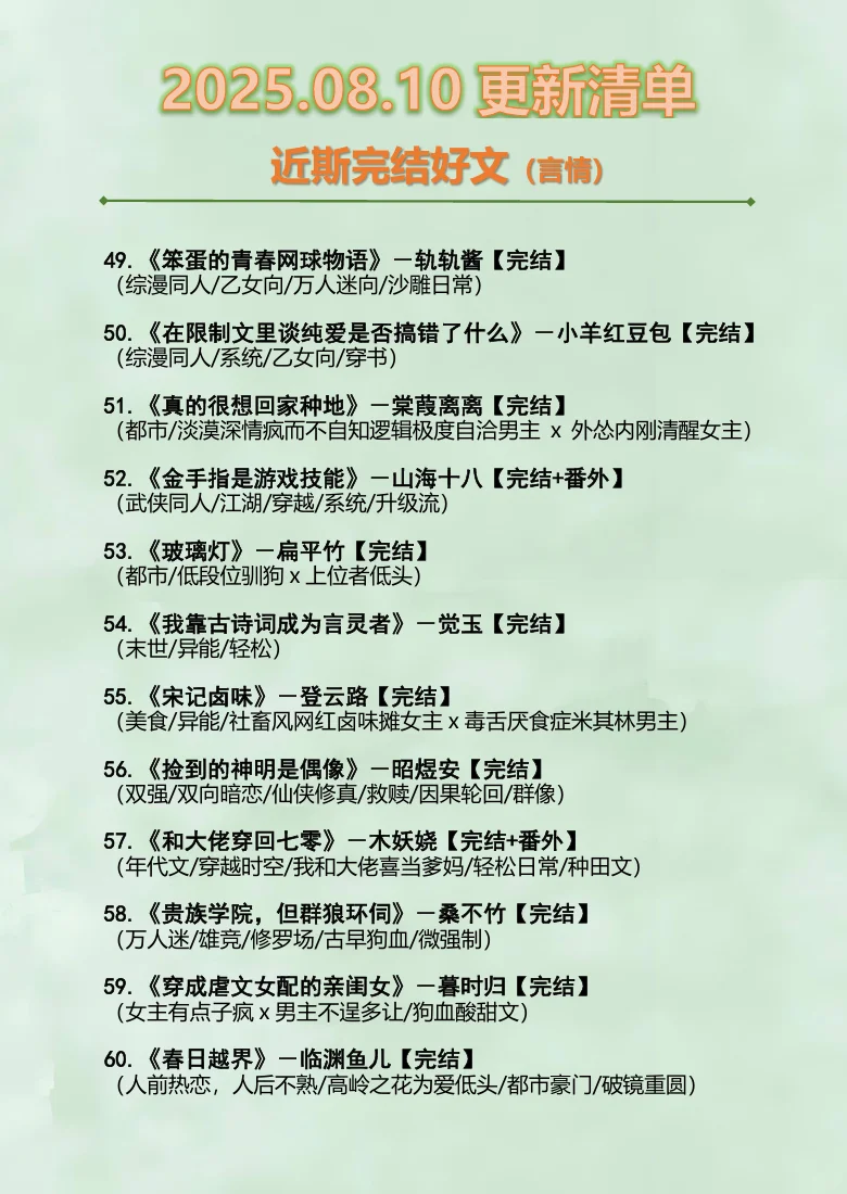 2025.08.10最新完结小说（言情篇）