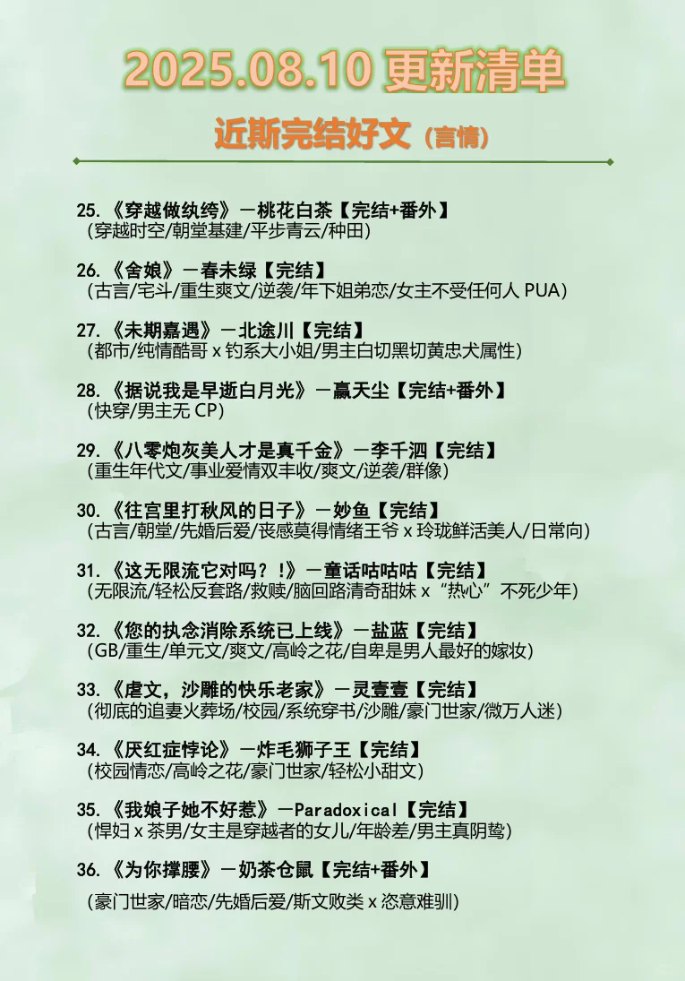 2025.08.10最新完结小说（言情篇）