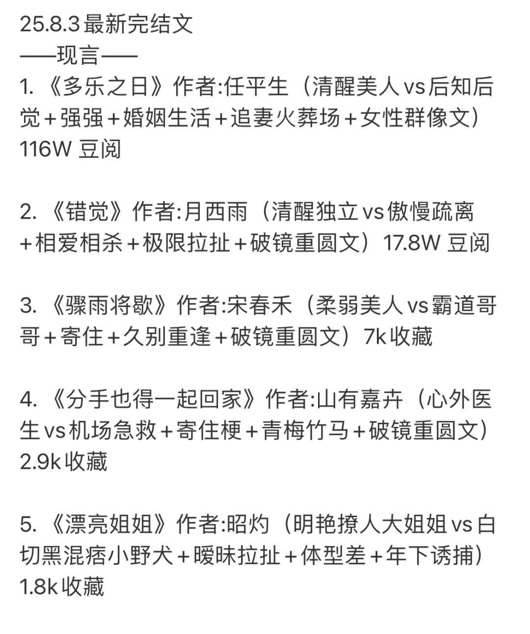 📚 2025.08.3 新完结小说清单｜文荒速码！