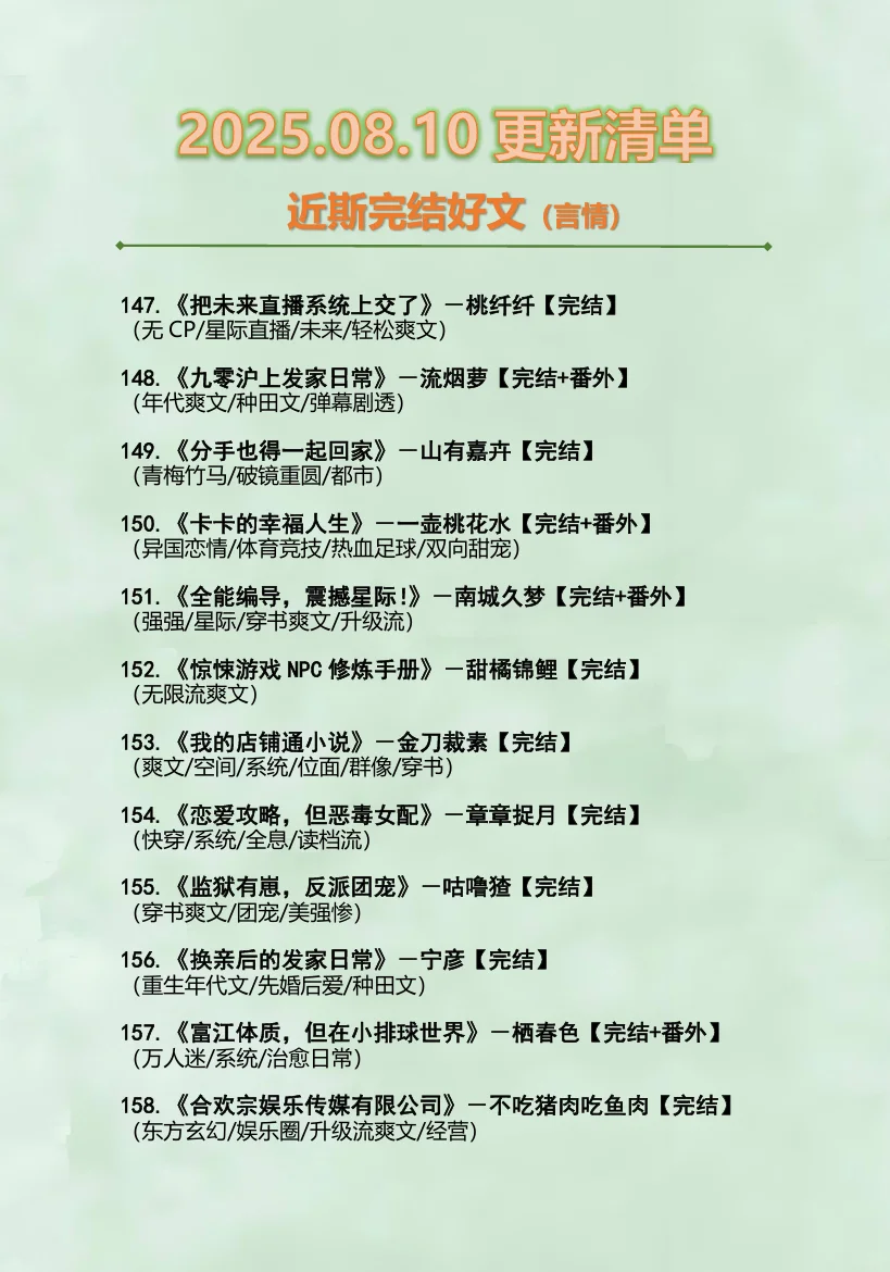 2025.08.10最新完结小说（言情篇）