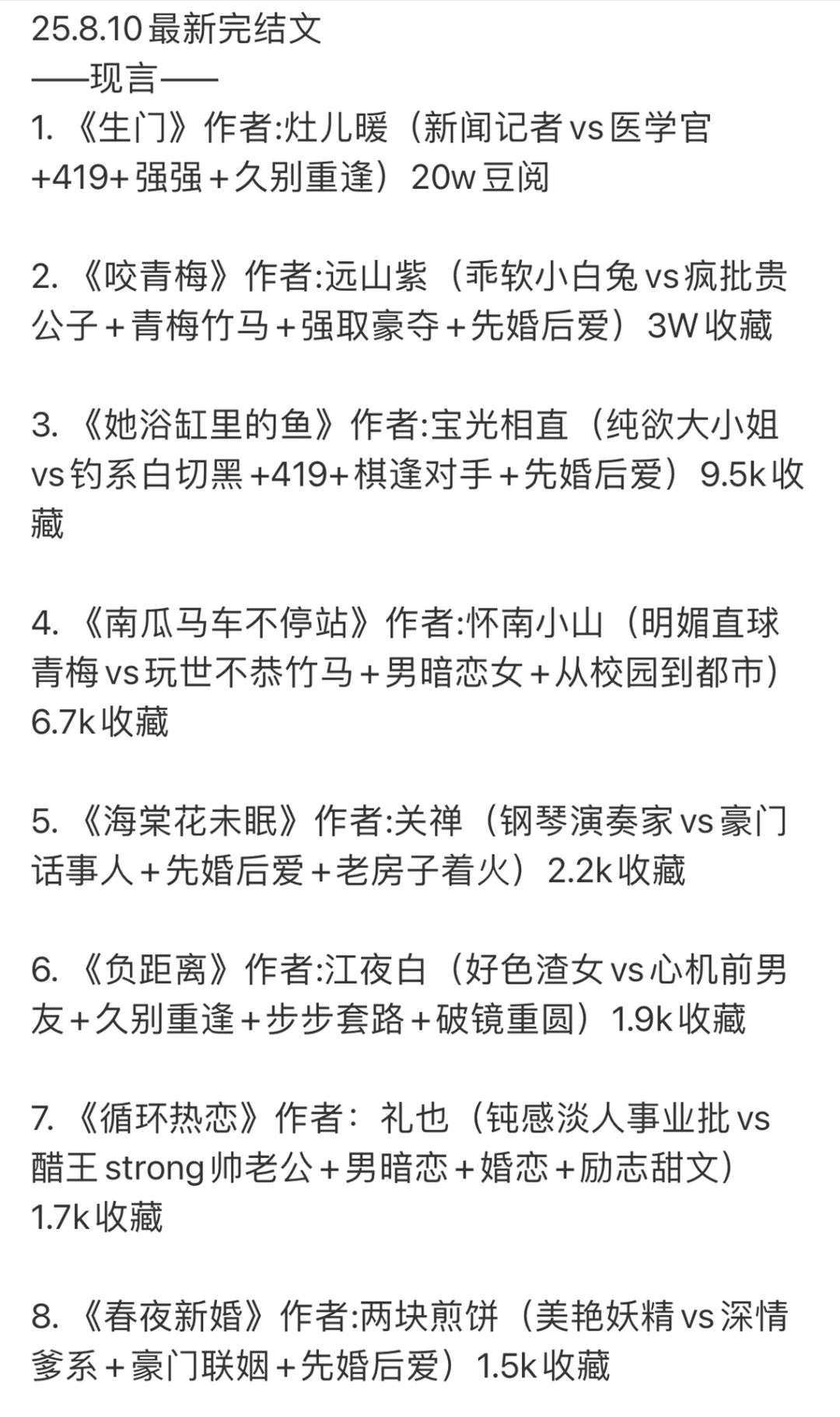 📚 2025.08.10 新完结小说清单｜文荒速码！