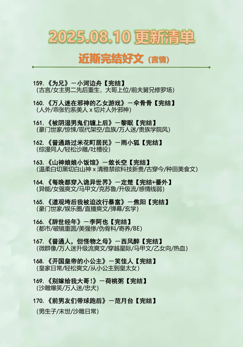 2025.08.10最新完结小说（言情篇）