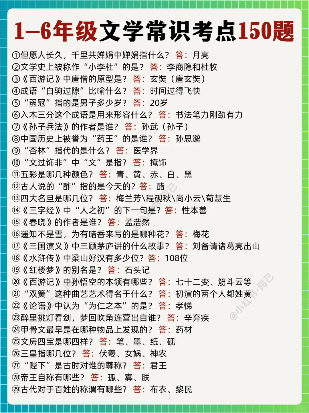 1-6年级150题语文文学常识考点