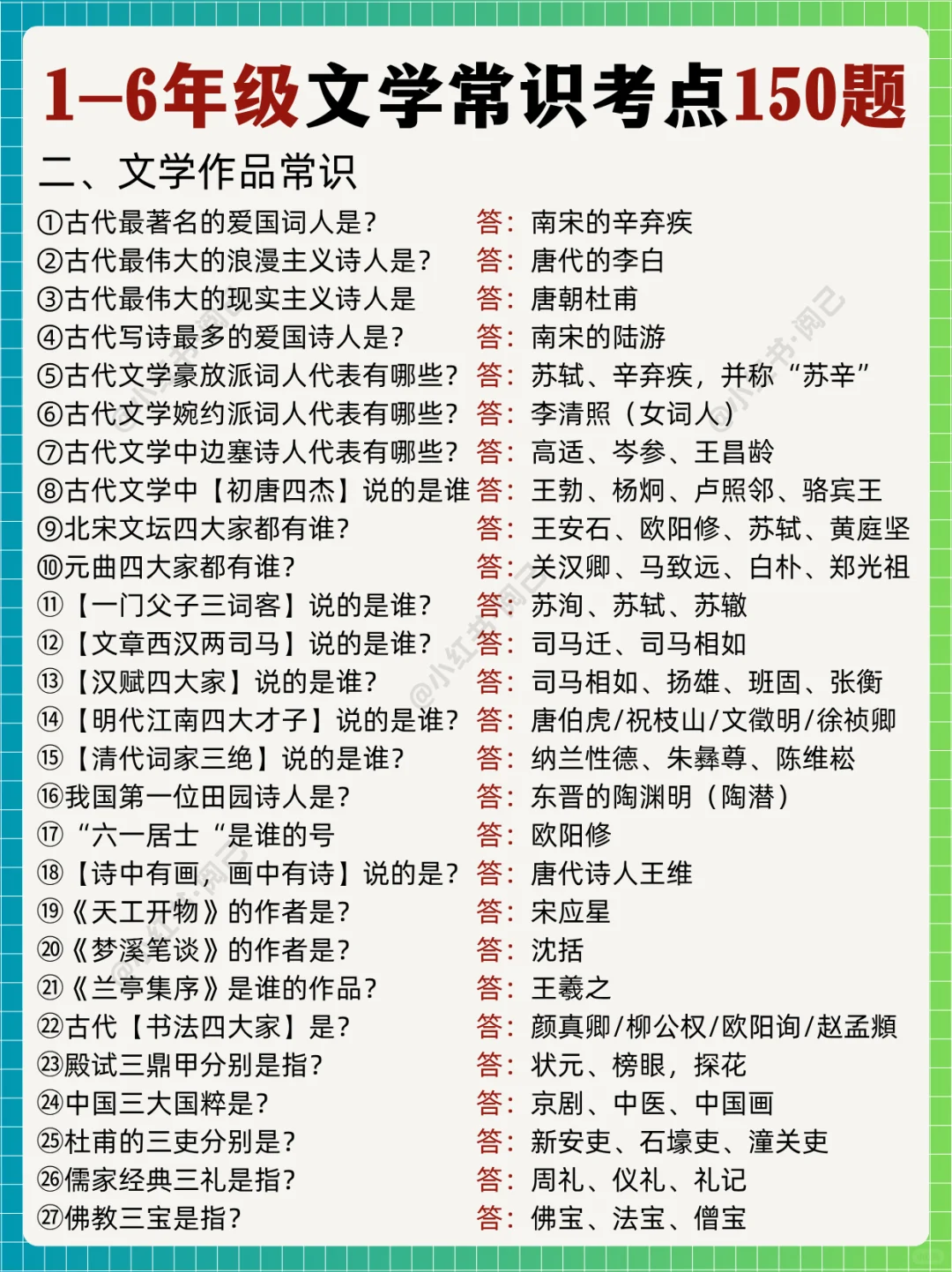 1-6年级150题语文文学常识考点