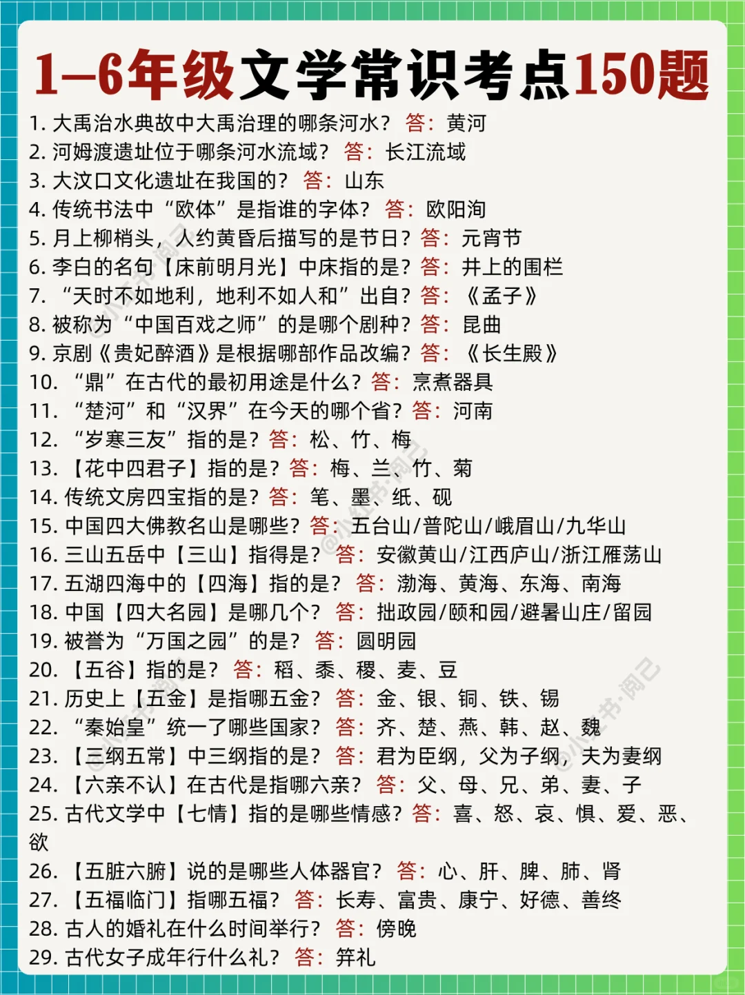 1-6年级150题语文文学常识考点