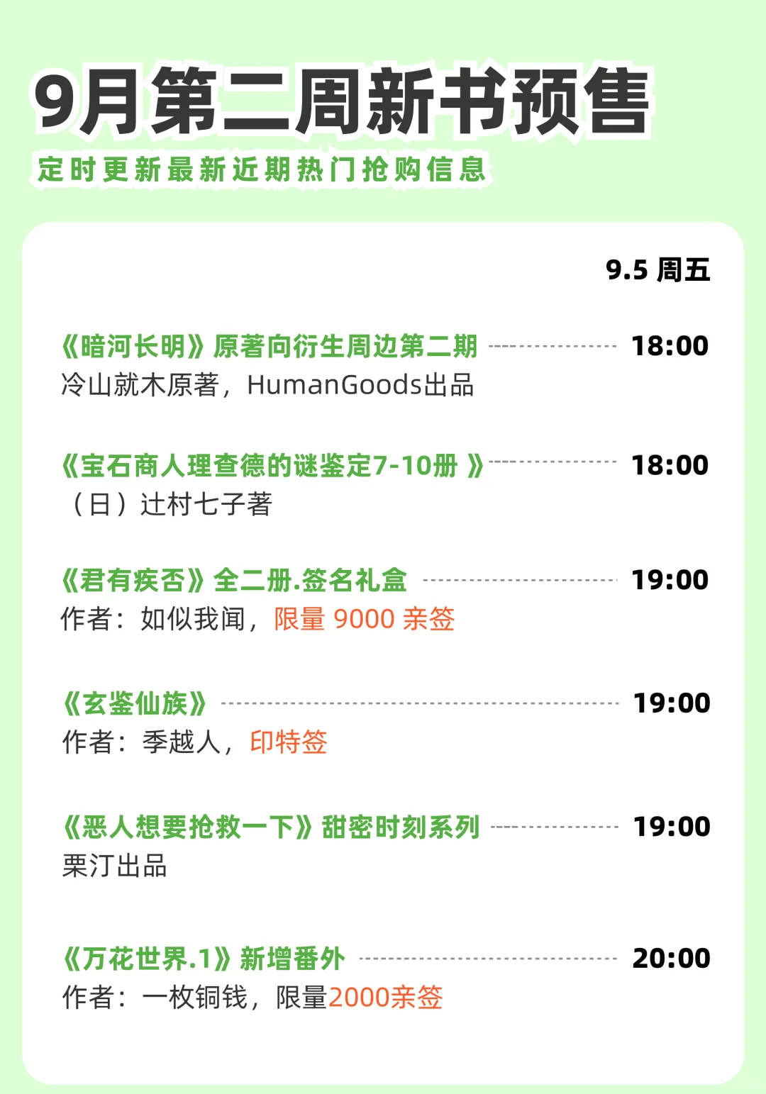 9月第2周实体小说预售汇总～持续更新中