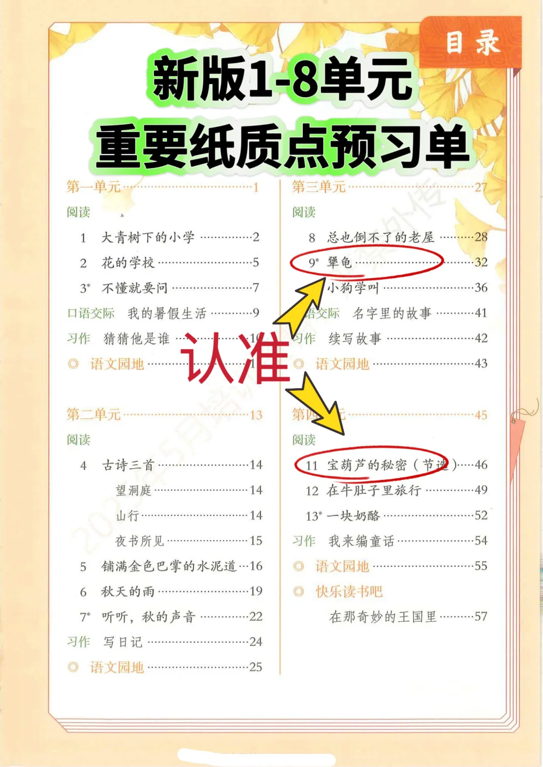 25年新三年级上册语文1-8单元预习知识晨读