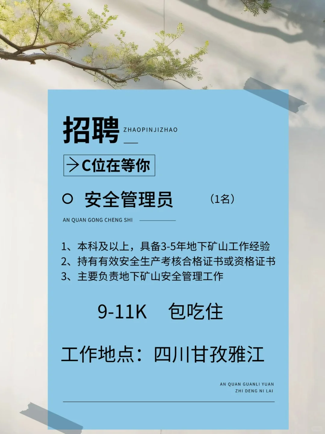 招聘（地下矿山）安全员 1名