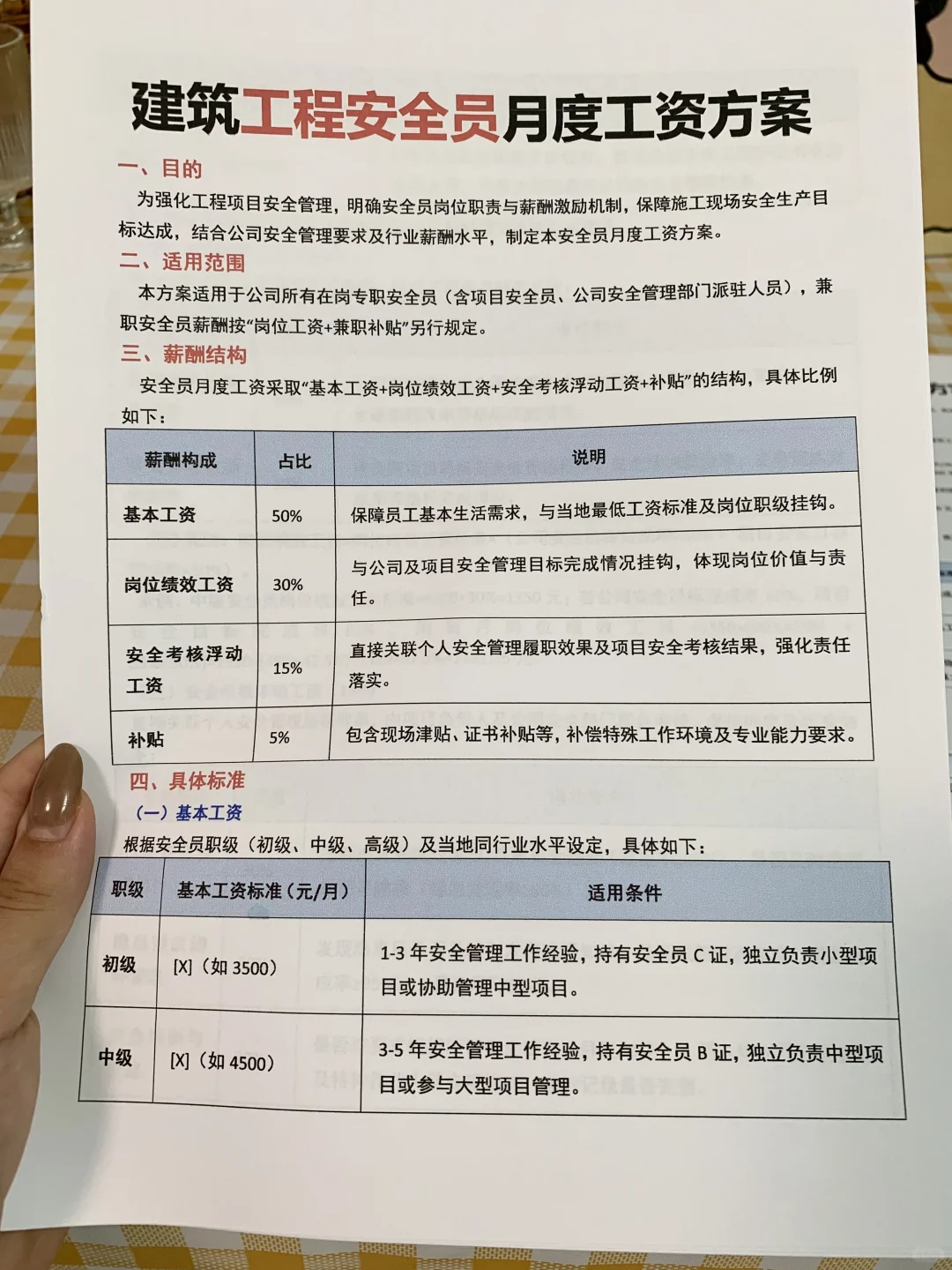 建筑工程安全员月度工资方案（有电子版）