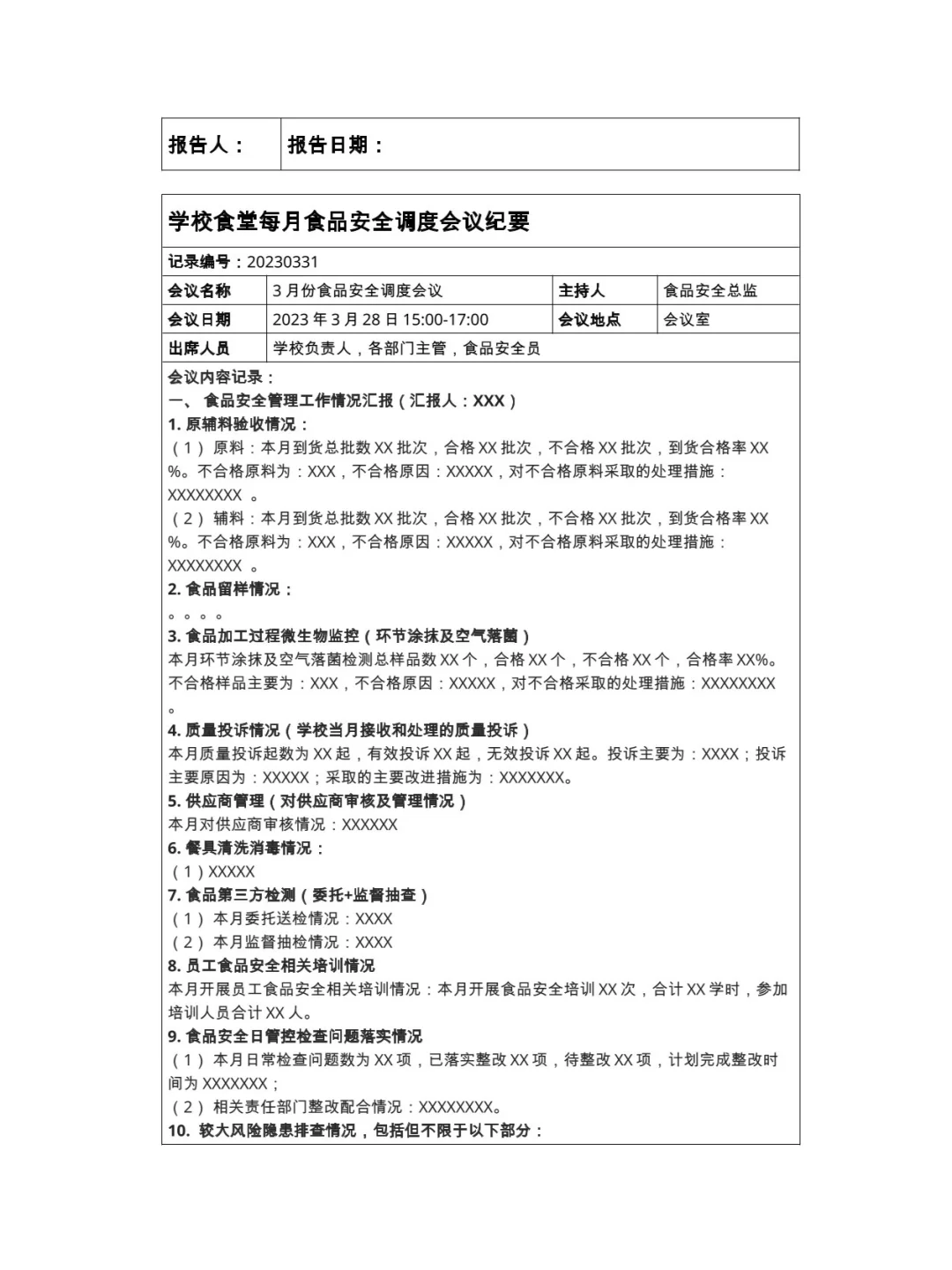 20xx年度食堂每日食品安全检查表