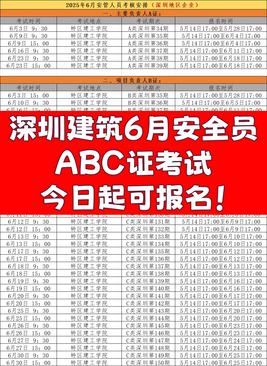 📆6月深圳建筑安全员ABC考试安排已出炉