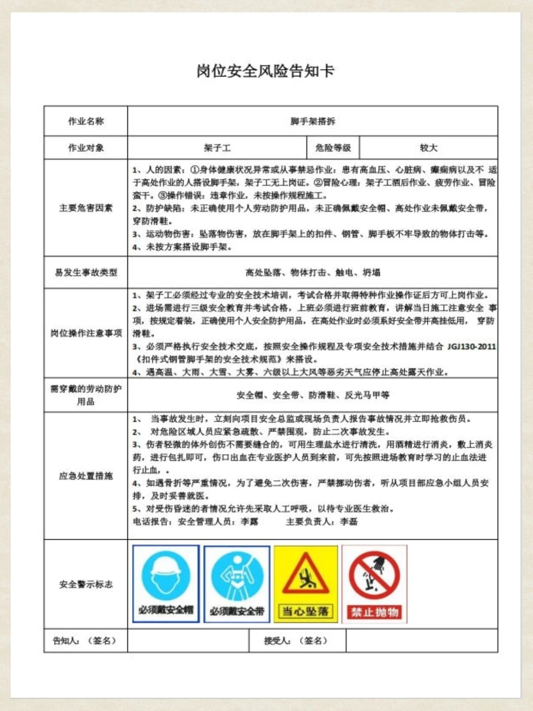 工地安全员，岗位安全风险告知卡！！！