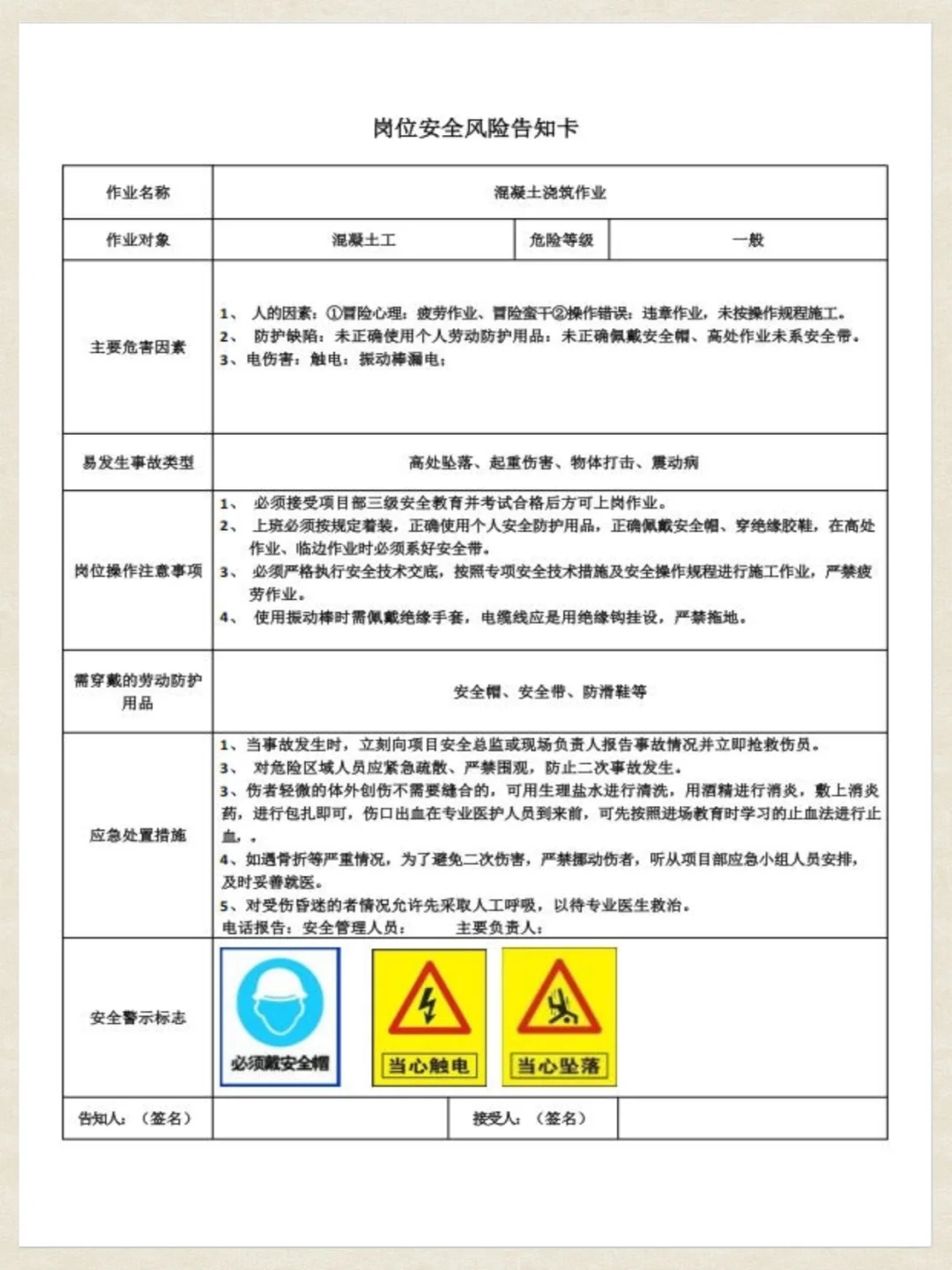 工地安全员，岗位安全风险告知卡！！！