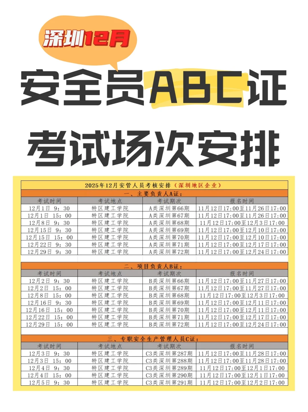 深圳安全员ABC证12月份考试场次安排已出