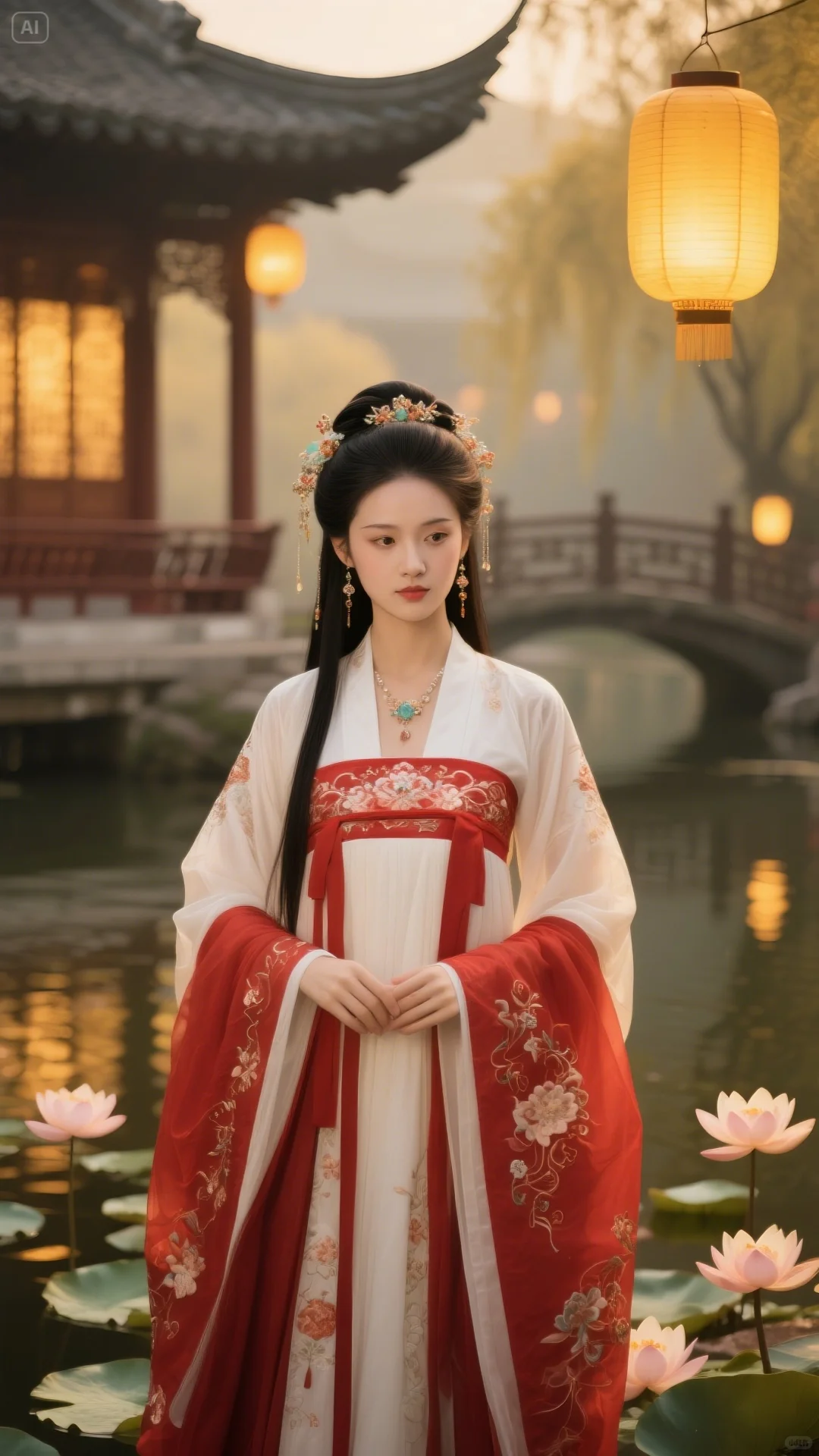 红裳汉服佳人，伴古亭莲池朦胧美