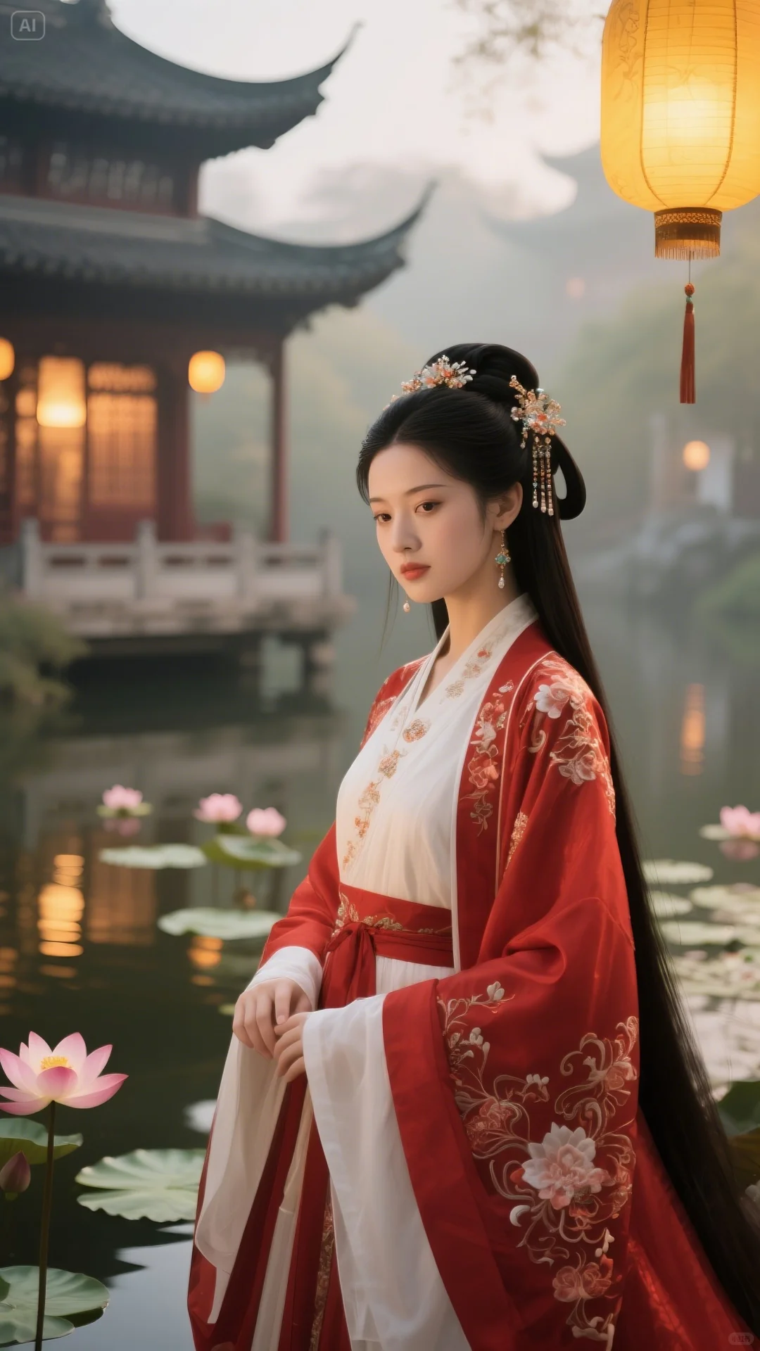 红裳汉服佳人，伴古亭莲池朦胧美