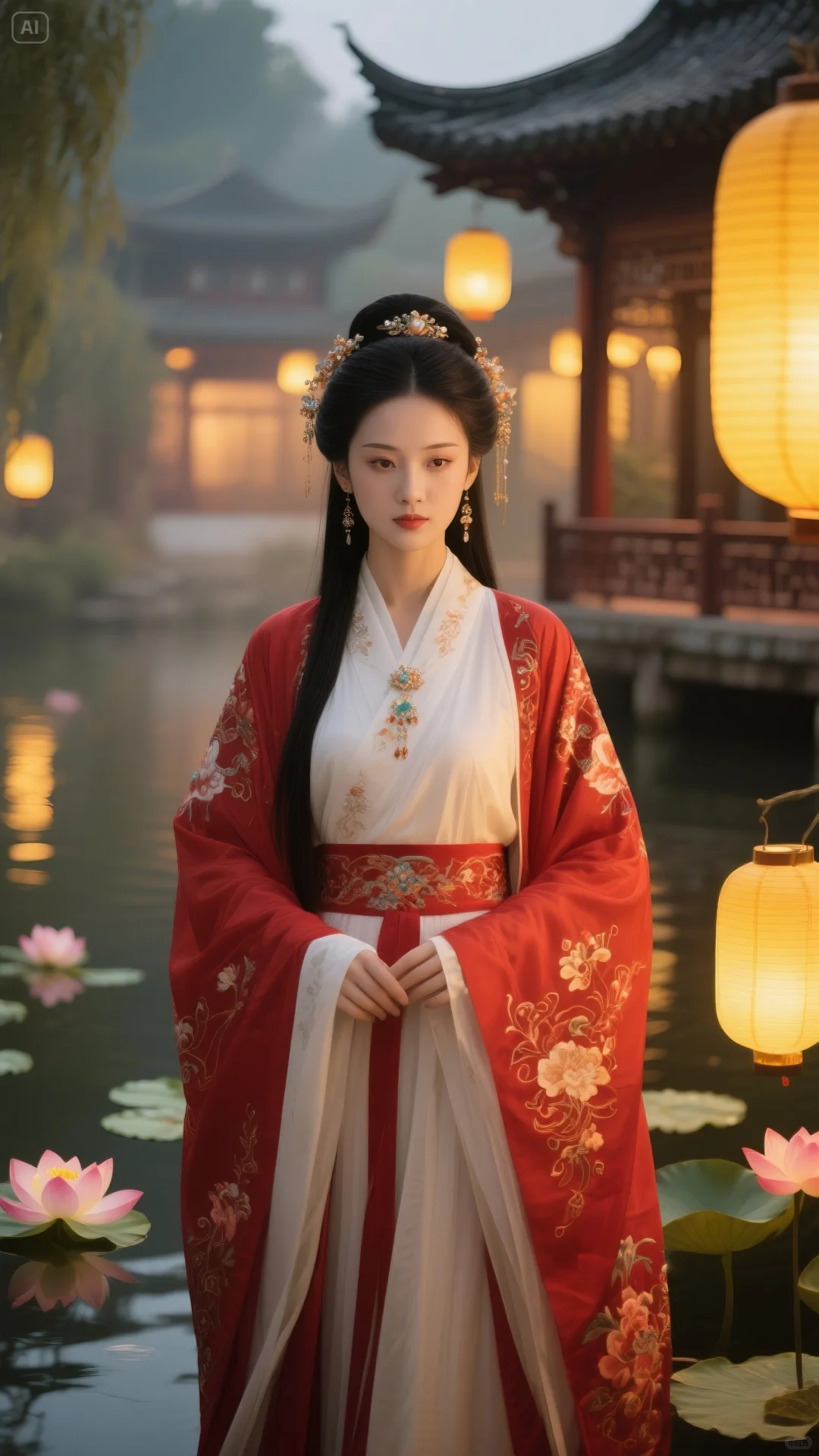 红裳汉服佳人，伴古亭莲池朦胧美
