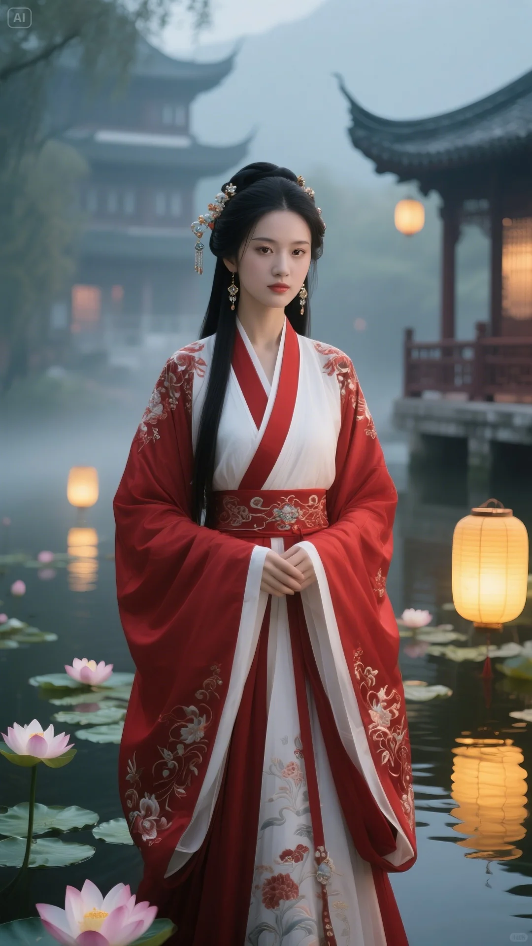 红裳汉服佳人，伴古亭莲池朦胧美
