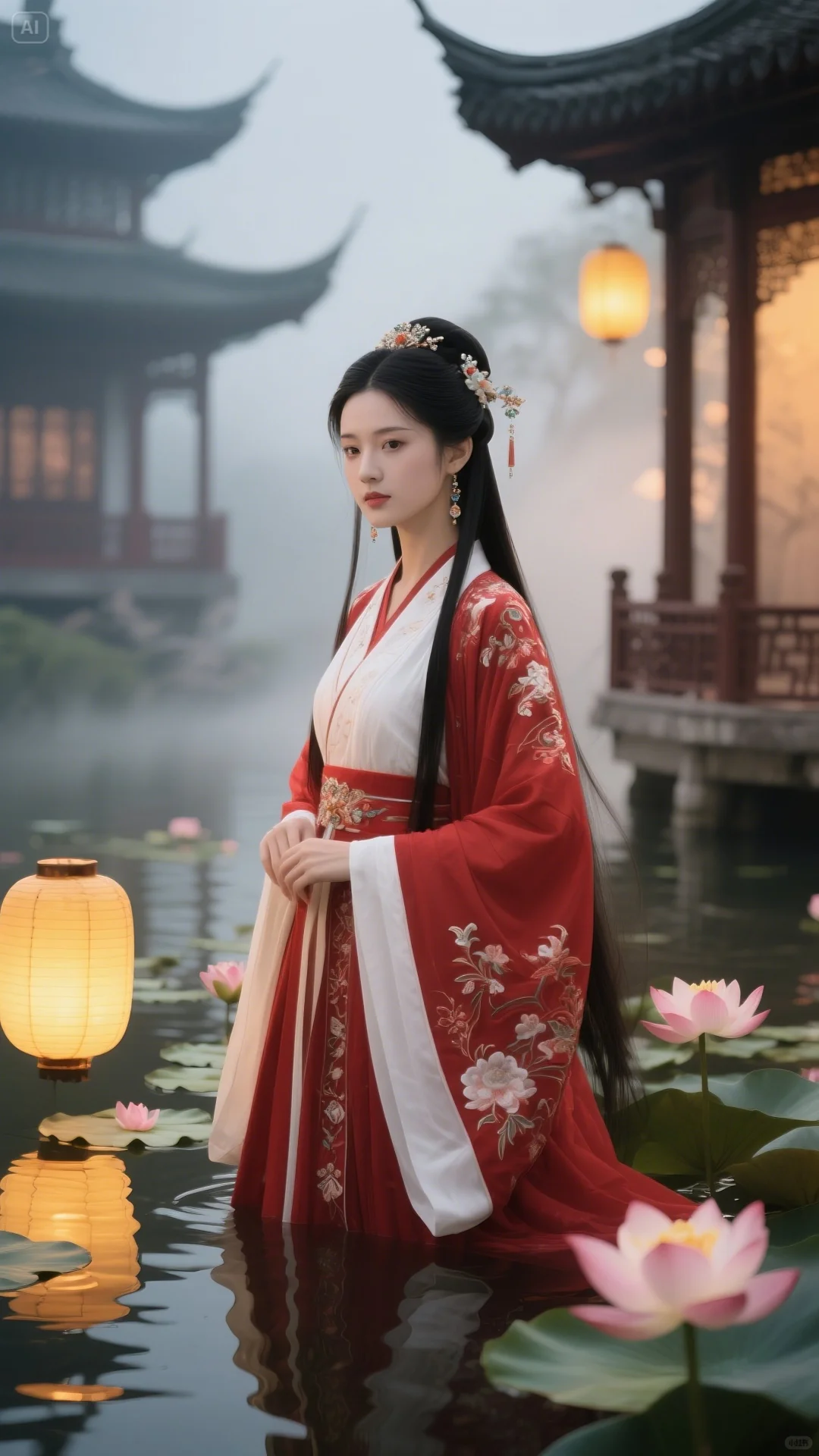 红裳汉服佳人，伴古亭莲池朦胧美