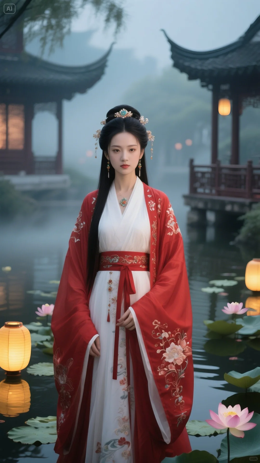 红裳汉服佳人，伴古亭莲池朦胧美