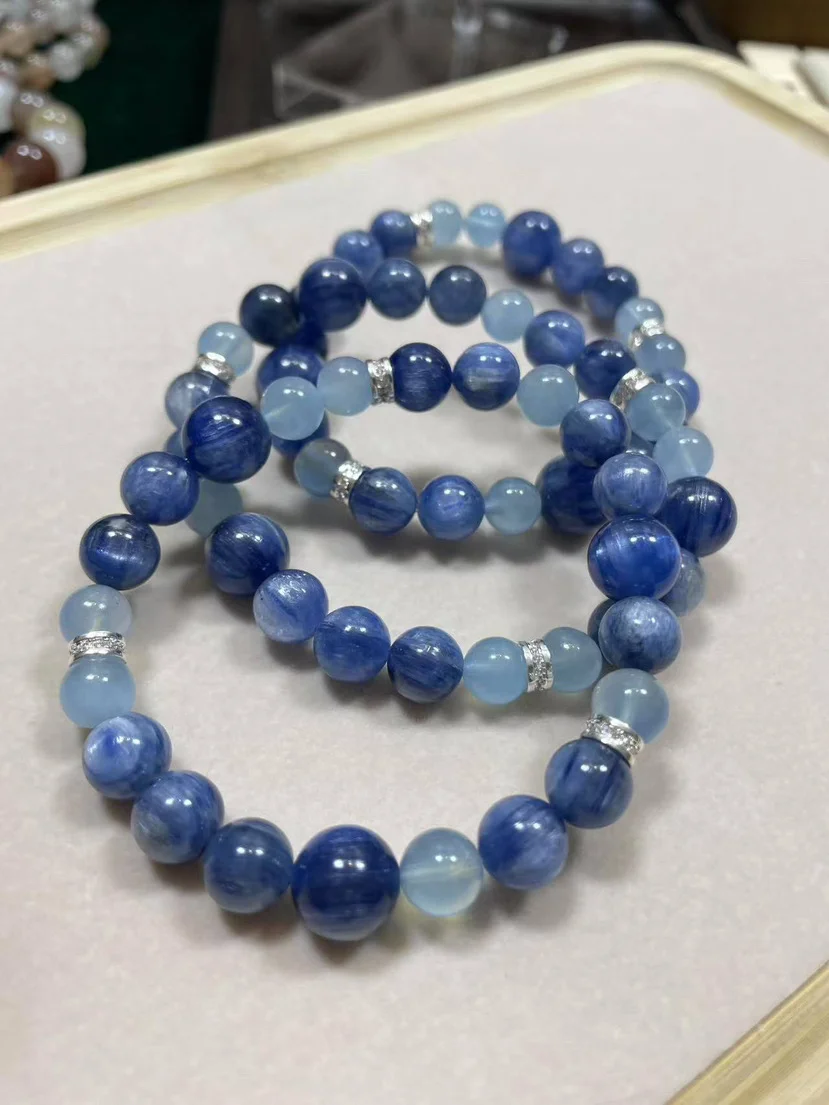 天然蓝晶石水晶手串女冰透海蓝宝猫眼手链