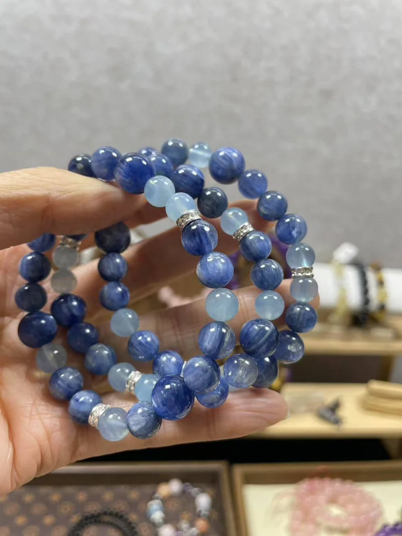 天然蓝晶石水晶手串女冰透海蓝宝猫眼手链