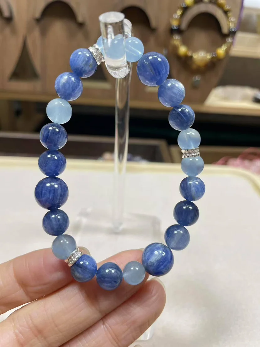 天然蓝晶石水晶手串女冰透海蓝宝猫眼手链