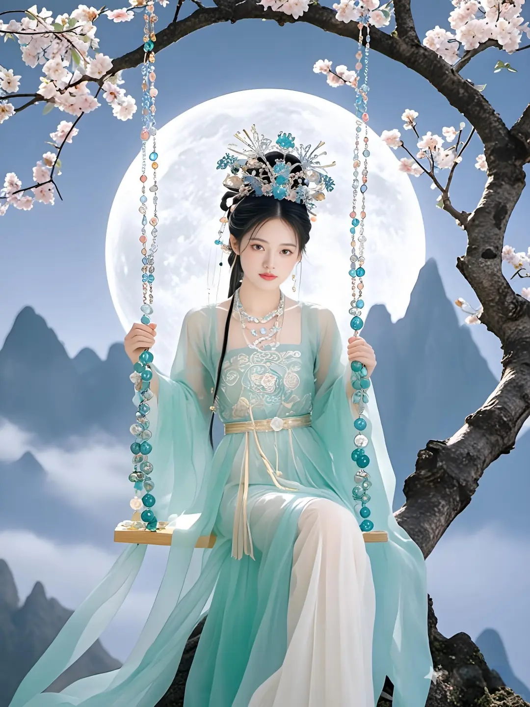 古风写真｜山顶桃花树下，仙女悠然荡秋千。