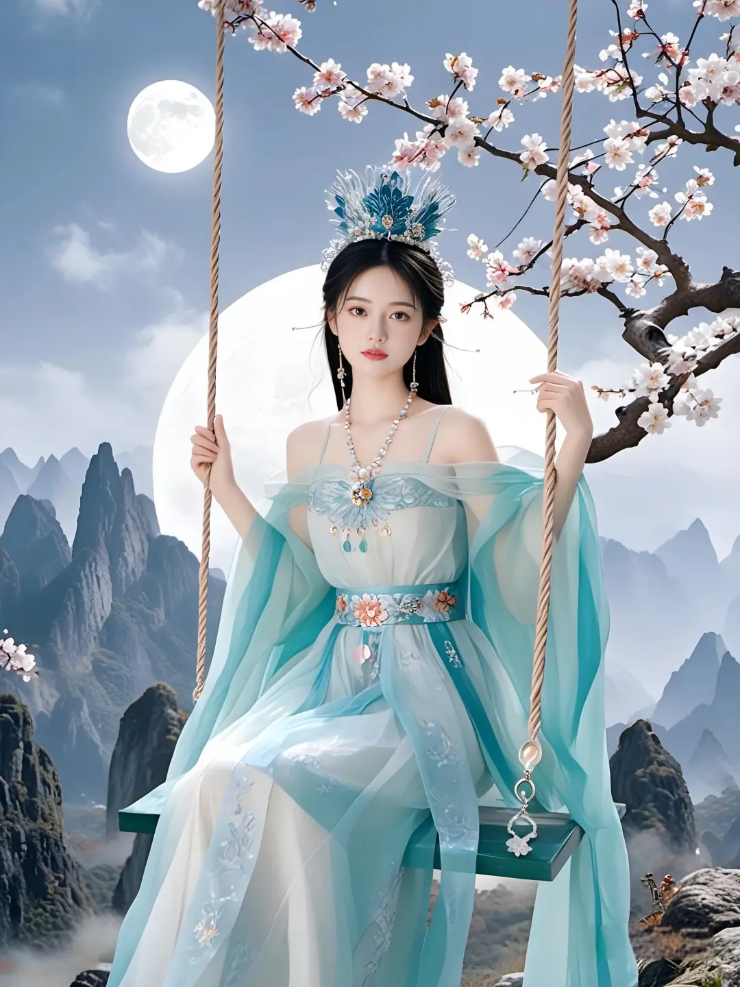 古风写真｜山顶桃花树下，仙女悠然荡秋千。