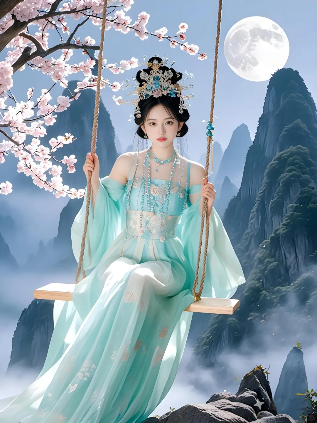 古风写真｜山顶桃花树下，仙女悠然荡秋千。
