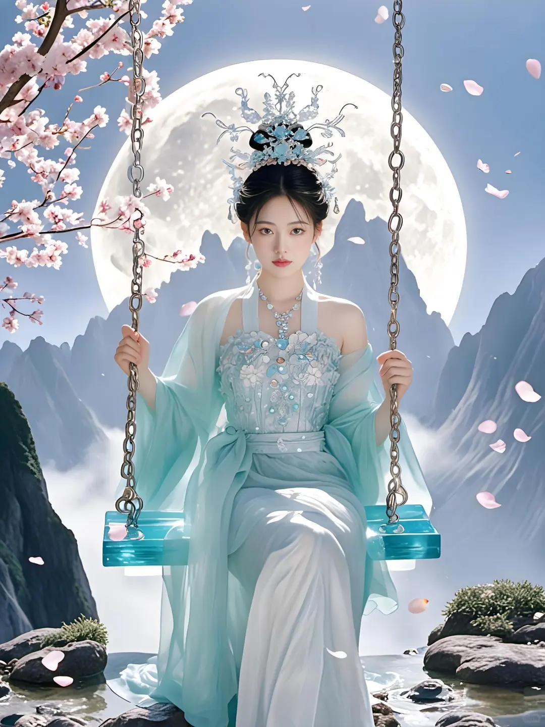 古风写真｜山顶桃花树下，仙女悠然荡秋千。