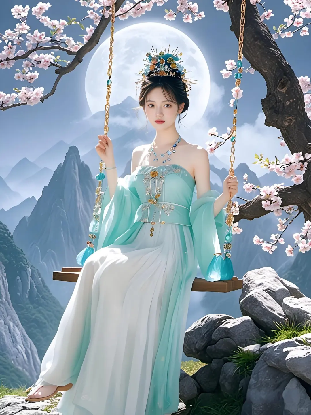 古风写真｜山顶桃花树下，仙女悠然荡秋千。