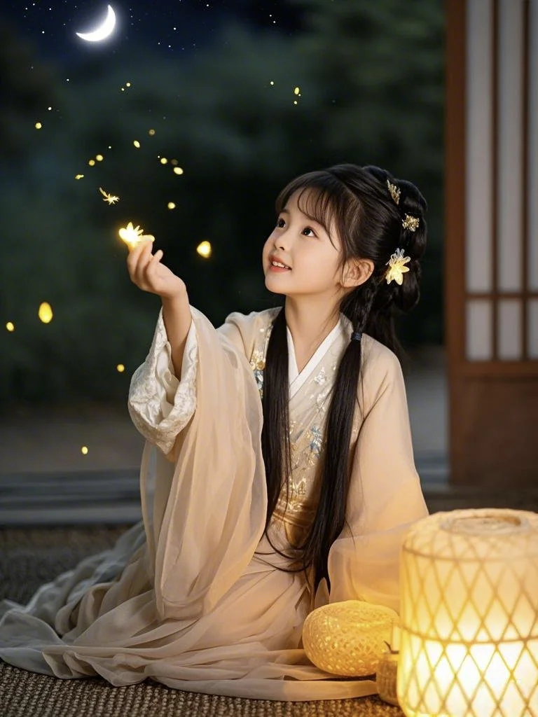 月光洒落，少女轻捧流萤，古风之美……