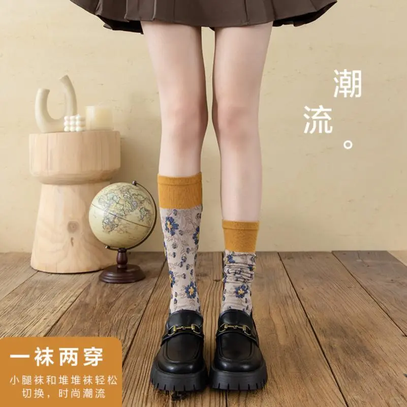 小腿袜子女ins潮棉袜长筒袜夏天复古碎花
