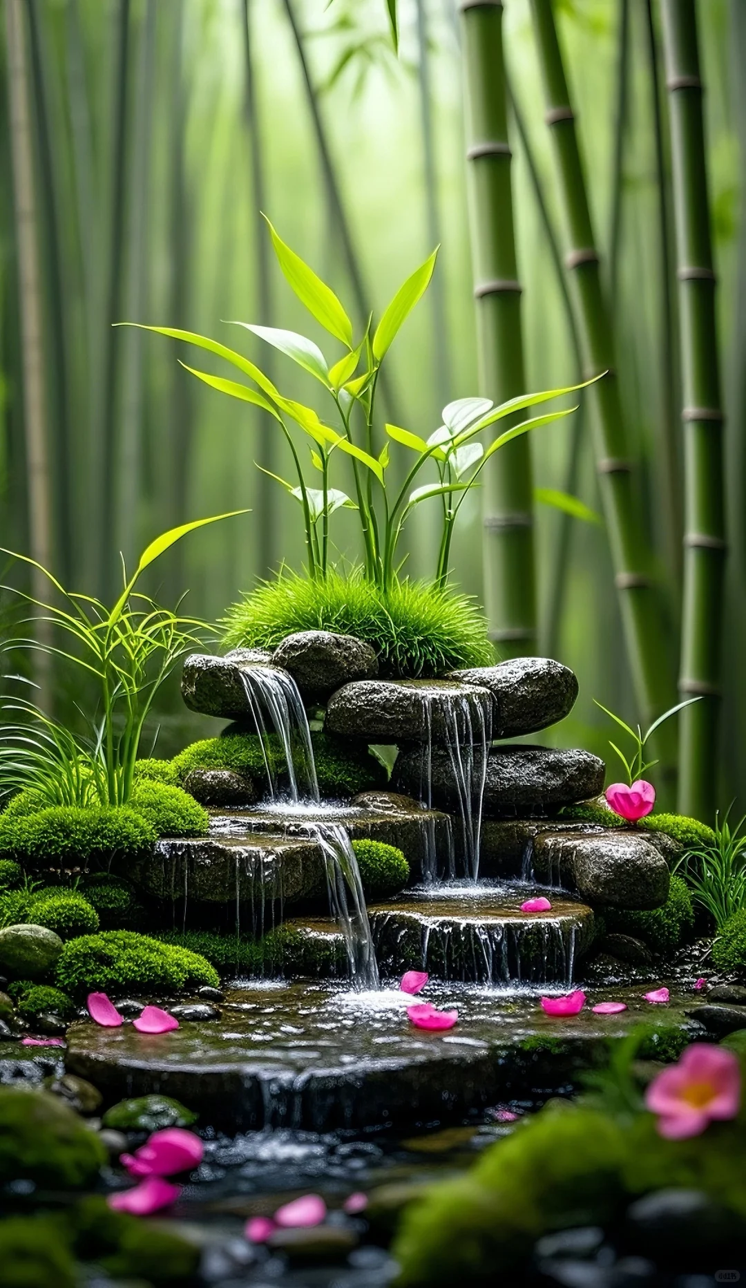 竹林里的小瀑布，好治愈！｜高清手机壁纸
