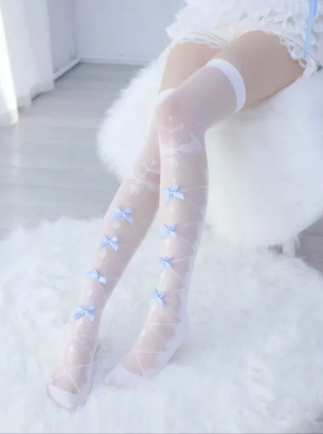 梦幻蓝色蝴蝶结过膝丝袜