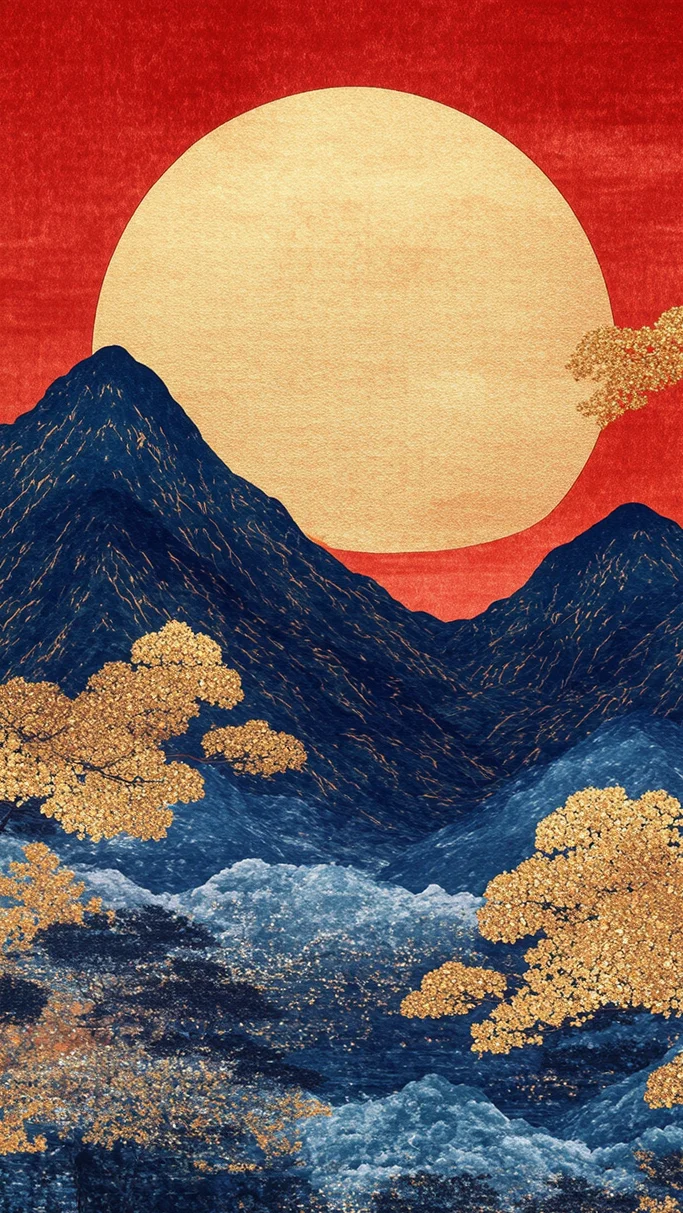 🗻浮世绘下的海浪与落日