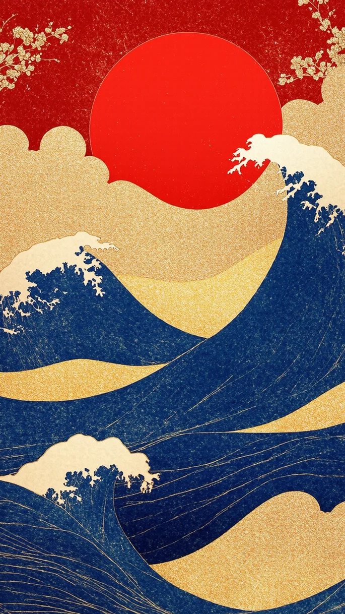 🗻浮世绘下的海浪与落日