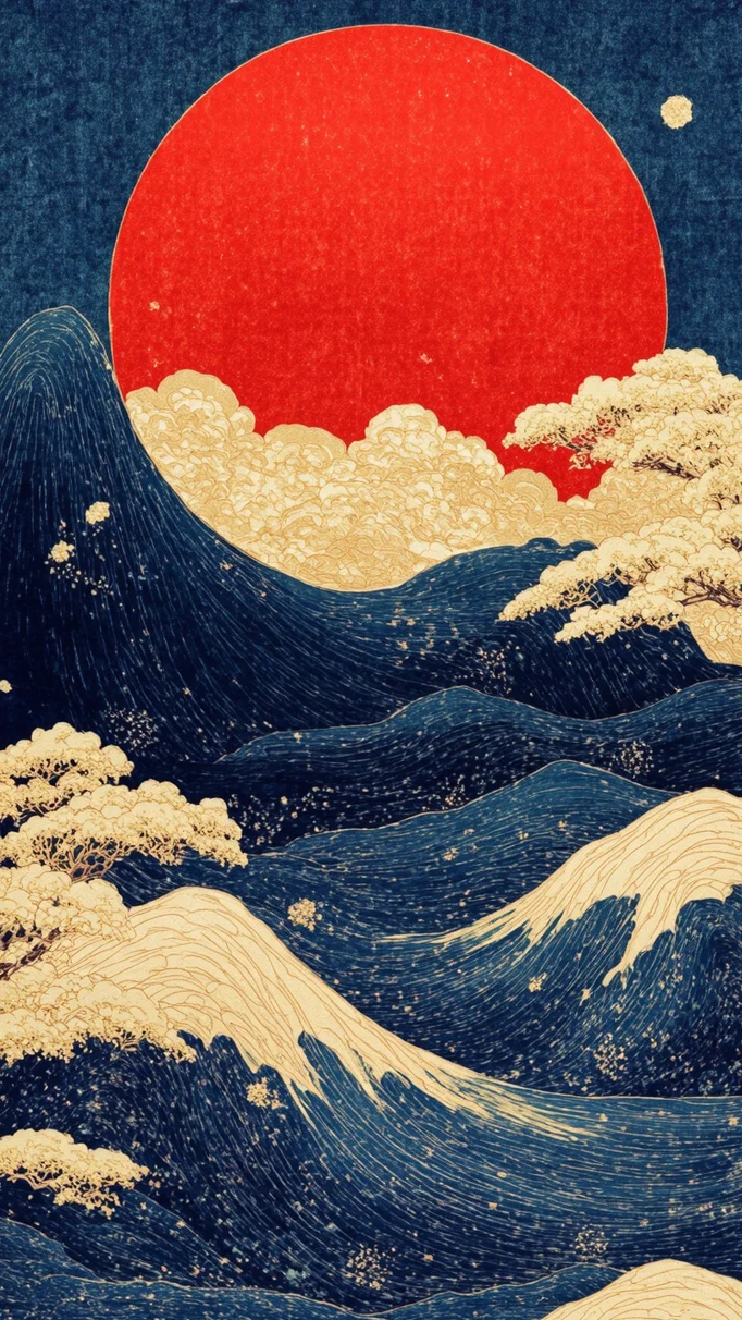 🗻浮世绘下的海浪与落日